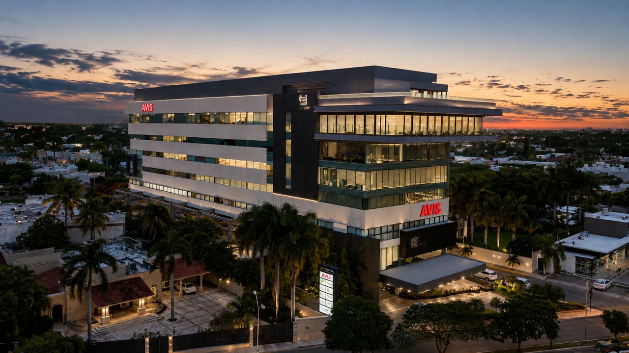 SkyCity office building with illuminated glass windows and AVIS signs, viewed above surrounding palms at dusk.
