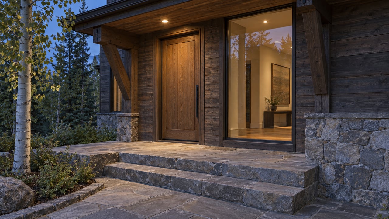Cedar-clad mountain-home entry with an oak door, tall window, sandstone steps, and a recessed porch light.