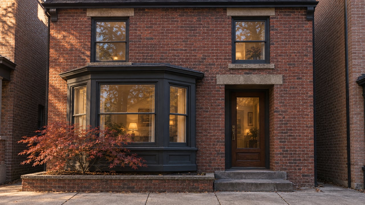 Red-brick two-family house with a three-sided bay, recessed entry, bluestone steps, and a small red-leaved maple.