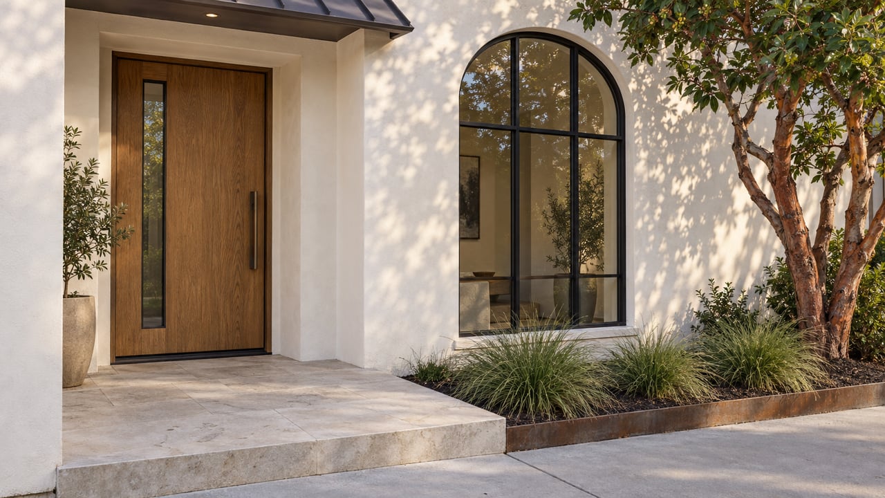 Warm-white townhouse facade with an oak entry door, arched steel window, limestone landing, and slender Arbutus tree.