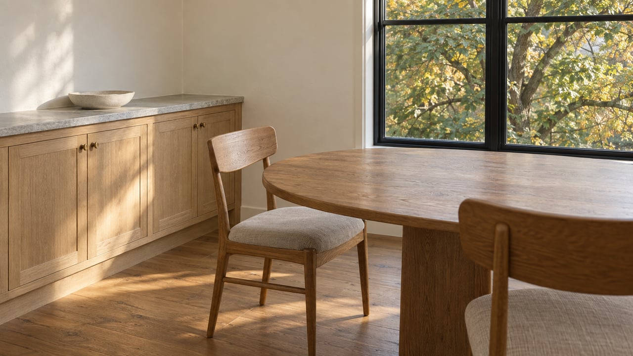 Sunlit oak dining alcove with linen-seated chairs, pale stone cabinet top, and an autumn maple outside a black-framed window.