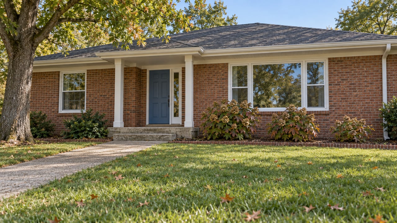 Red-brown brick ranch with a blue front door, white-trimmed windows, oakleaf hydrangeas and an open lawn beneath a mature oak.