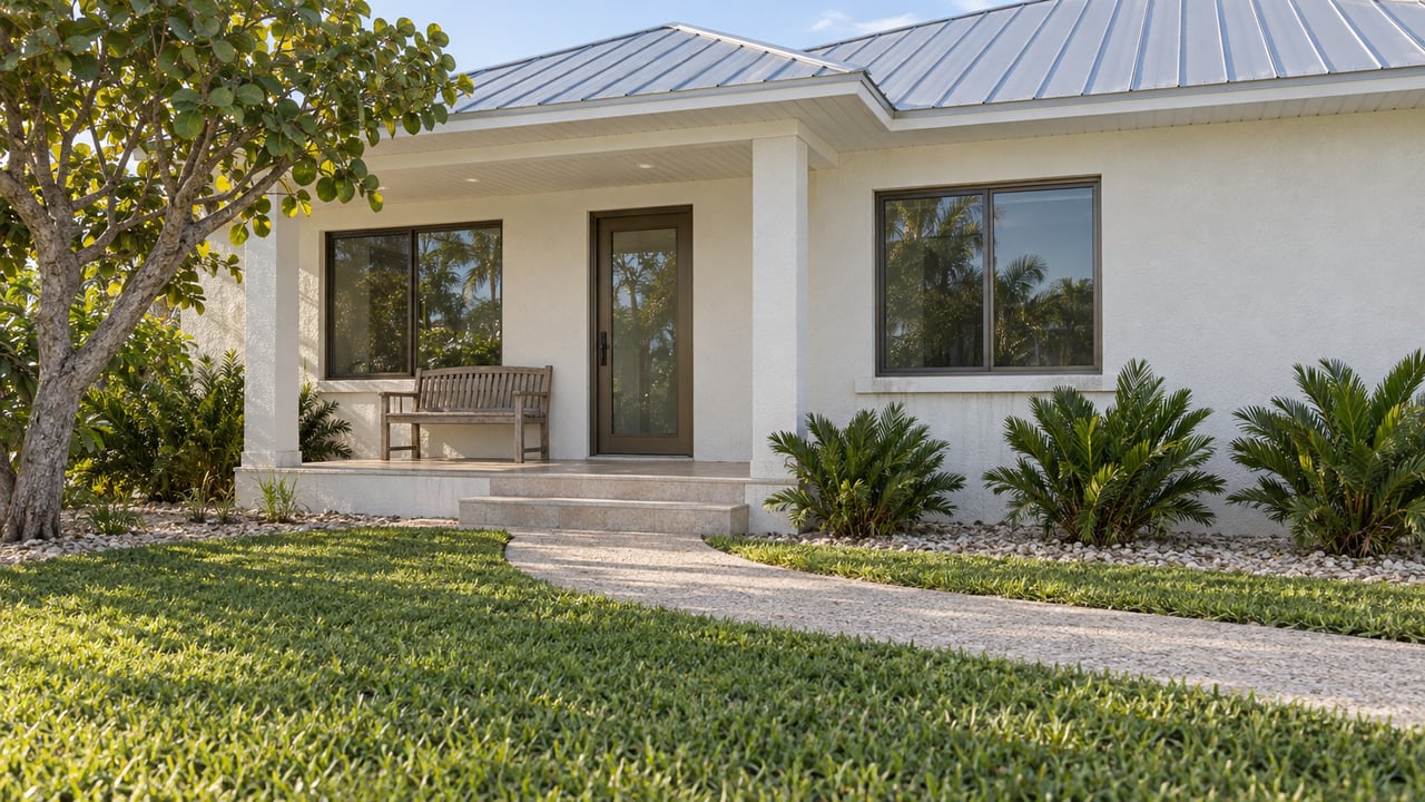 White stucco home with a silver metal roof, shaded porch, shell-aggregate approach and a sculptural sea grape tree.