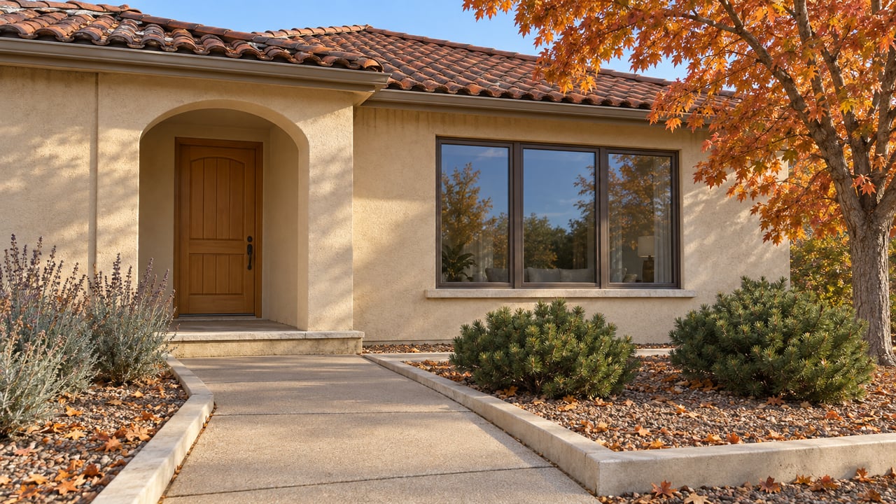 Autumn light across a stucco home's arched entry, clay tile roof and curved approach beside a copper-colored maple.