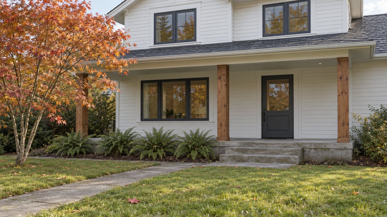 White wood-sided home with a cedar-post porch, concrete front walk and an amber-leaved vine maple in an autumn garden.
