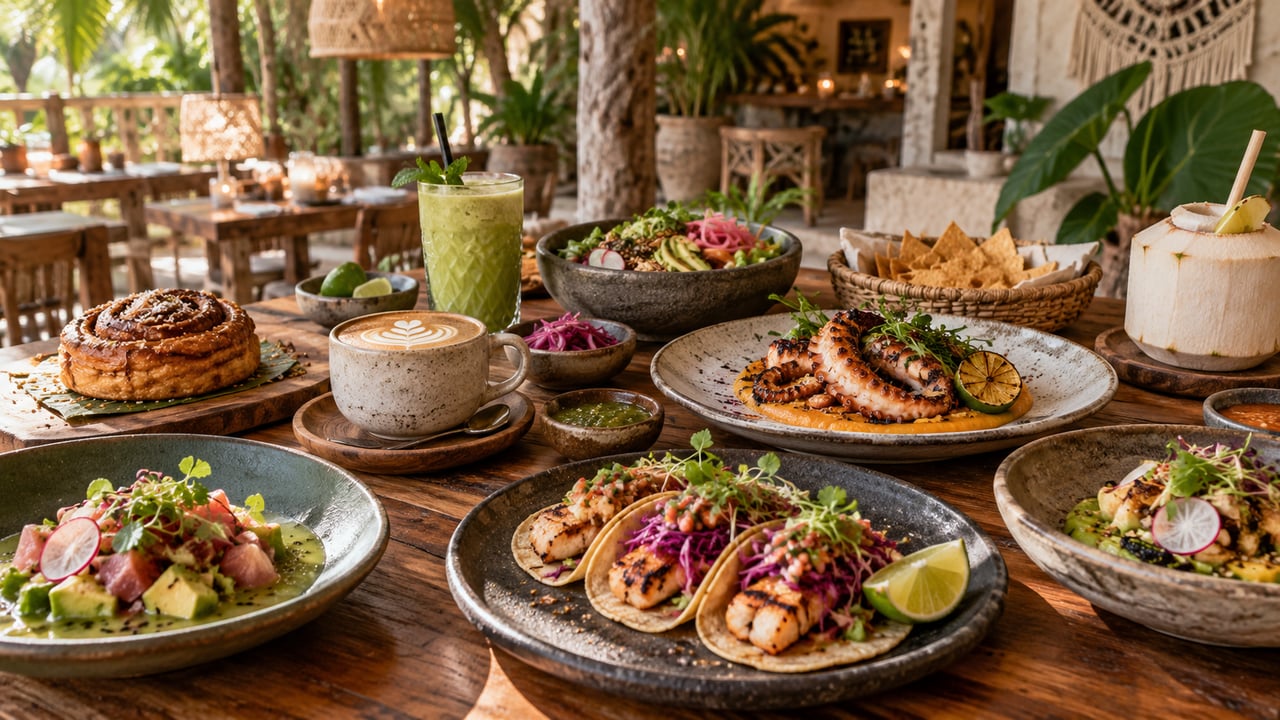Restaurant table spread with grilled fish tacos, octopus, salads, coffee, and a coconut.