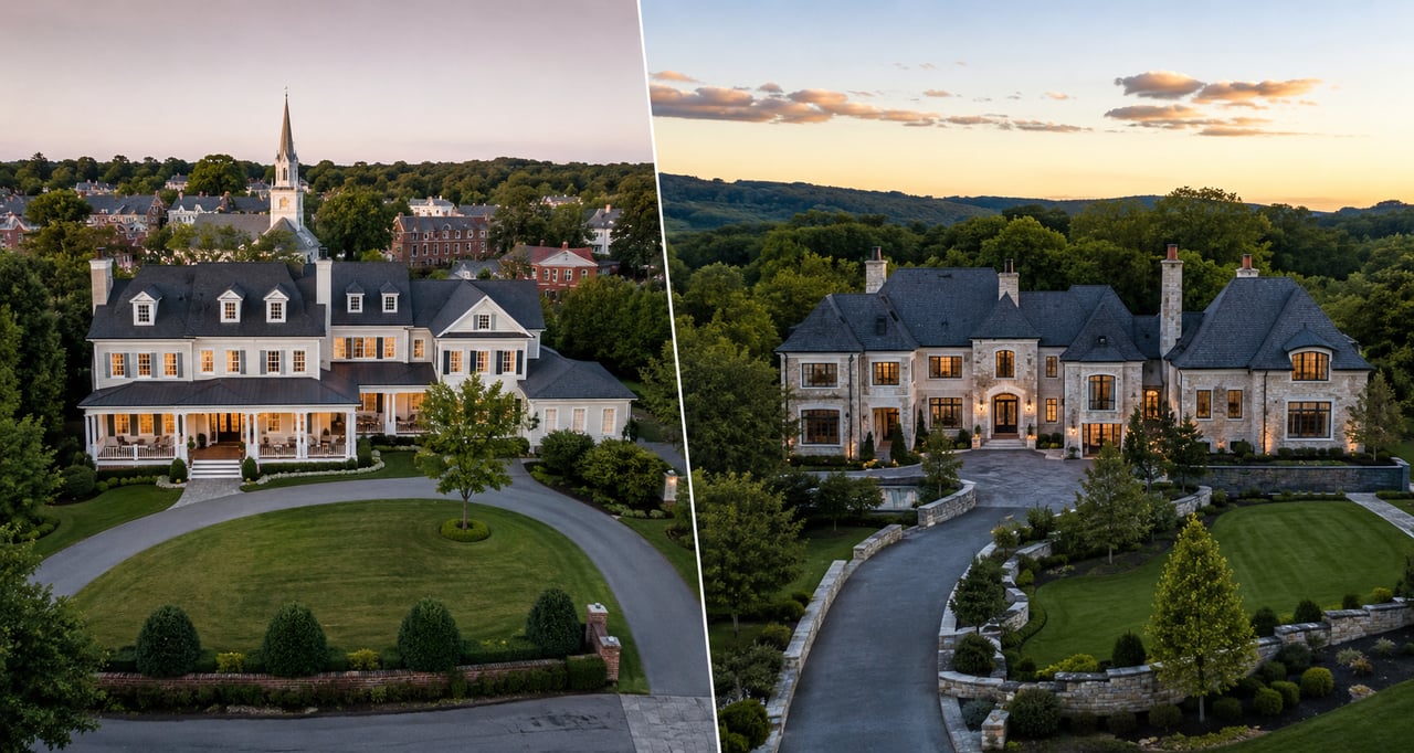 Luxury estate homes in Franklin and Brentwood, Tennessee, showcasing upscale neighborhoods, elegant architecture, tree-lined streets, and premium luxury living near Nashville for homebuyers comparing Franklin vs. Brentwood real estate.