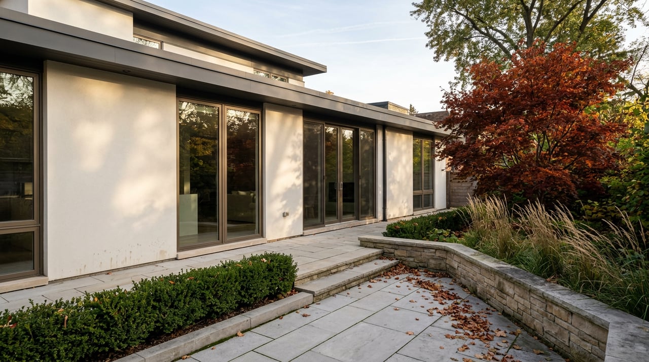 Contemporary stucco-and-glass home beyond a stone terrace scattered with red-orange maple leaves.