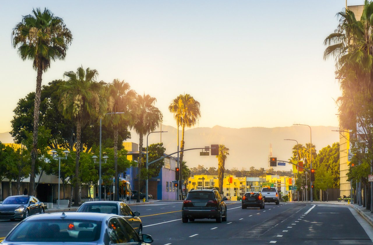 Palm-lined Van Nuys street with traffic and distant mountains in golden evening light.