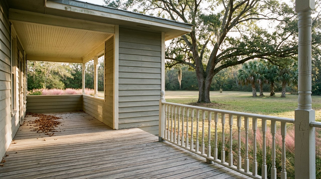 Raised wooden porch with white railing, weathered decking, and a grassy yard beneath a moss-draped oak.