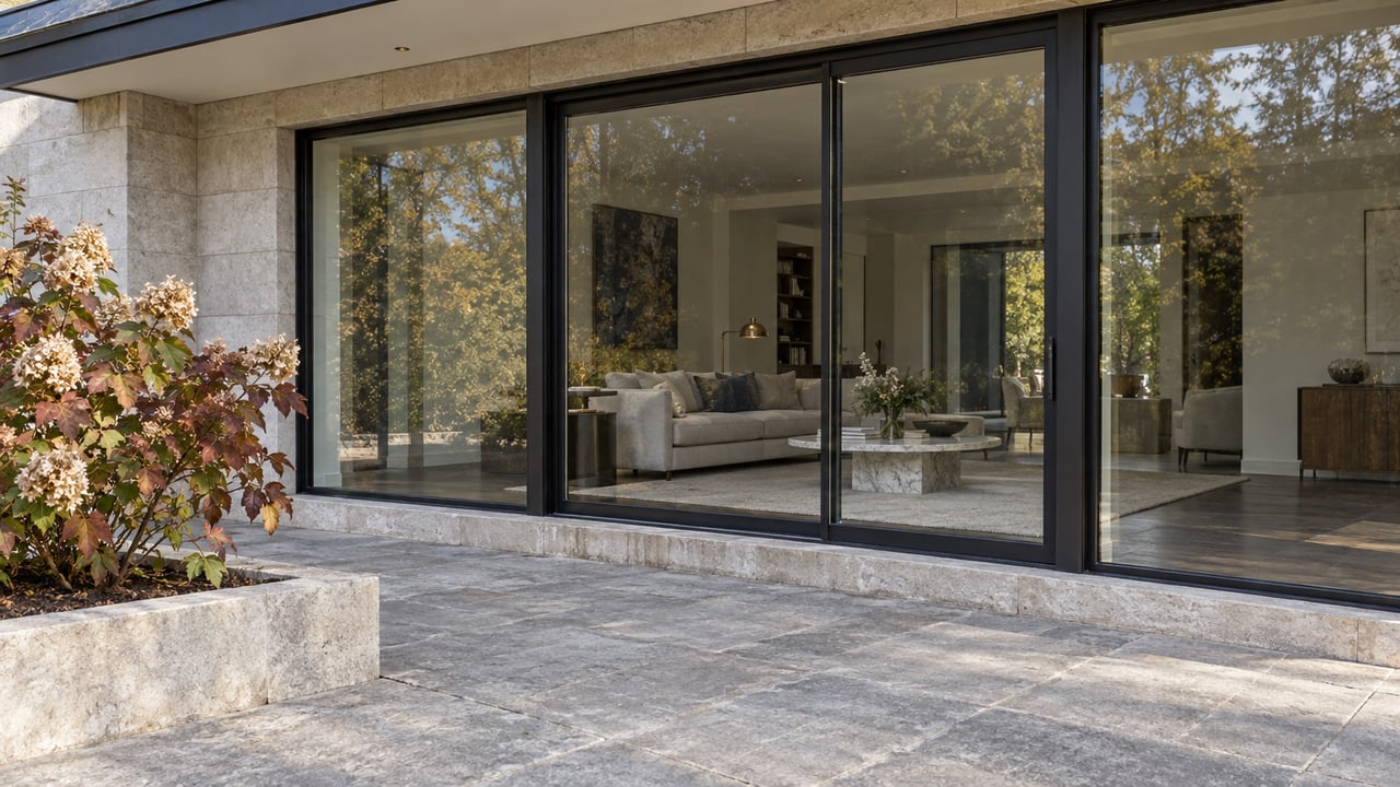 Limestone terrace and tall black-framed glazing reveal a refined living room beside an autumn oakleaf hydrangea.