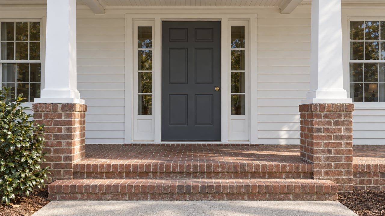 Close view of a traditional home's charcoal front door, white wood siding, paired sidelights and worn brick porch steps beside a camellia.