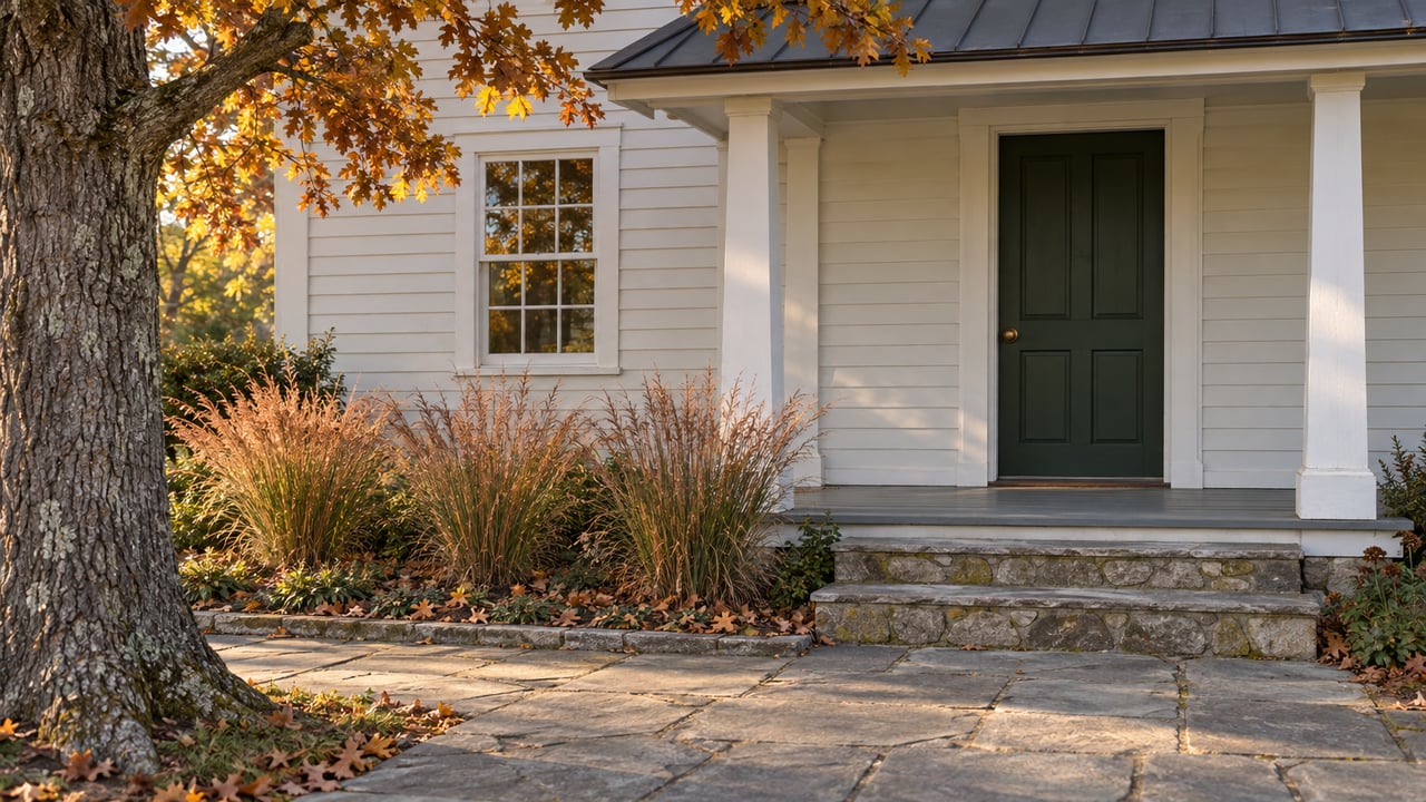 Off-white clapboard entry with a dark green door, flagstone steps, and copper grasses beneath an oak.