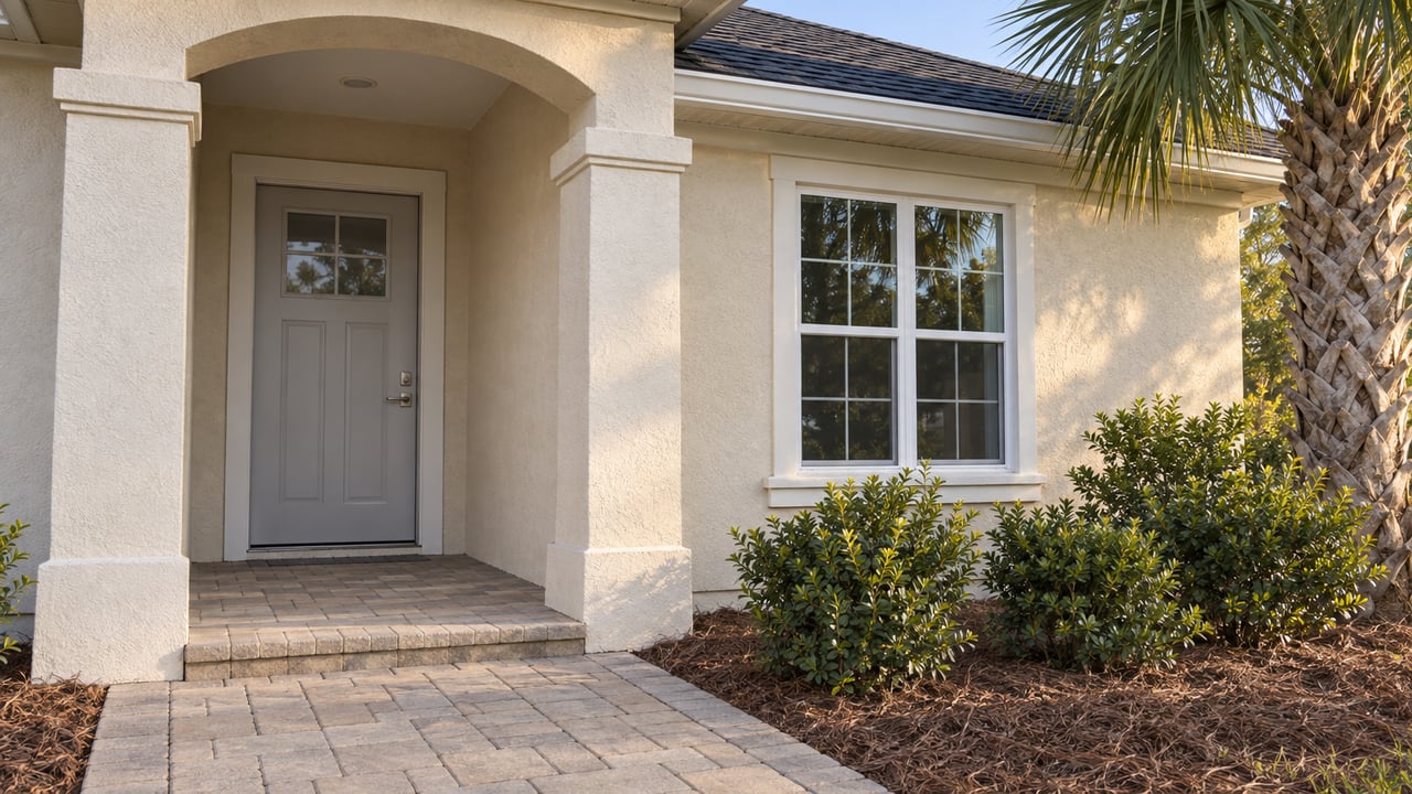 Cream stucco home with an arched covered entry, pale-gray front door, white-trimmed window, and a bordered paver approach beside a palm and three shrubs.
