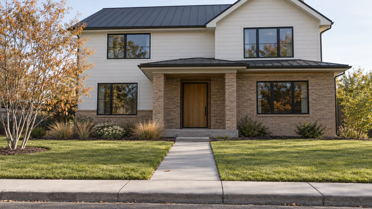 Detached two-story house with off-white siding, brick entry, charcoal roof, and a straight walkway across the lawn.