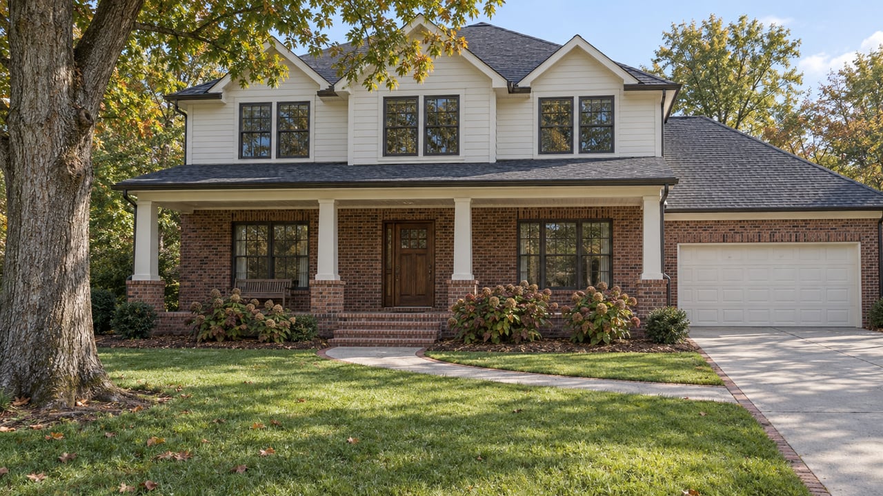 Traditional brick-and-siding home beyond a deep green lawn, with a covered front porch and an oak tree beginning to show autumn color.
