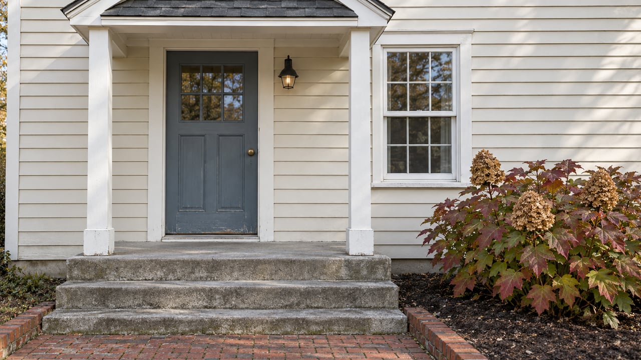 Ivory clapboard cottage entry with a blue-gray door, white sash window, weathered concrete steps, and autumn oakleaf hydrangea.