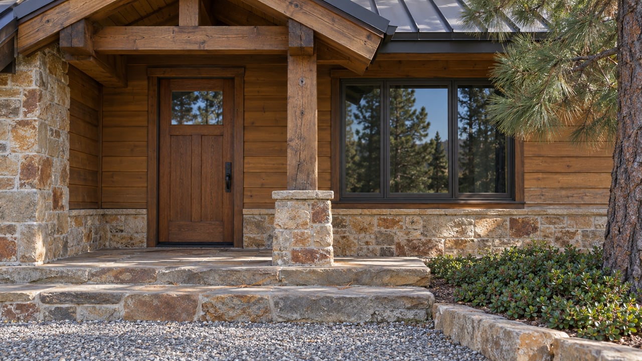 Timber porch and warm wood siding above sandstone steps, with a closed wood door and broad window.