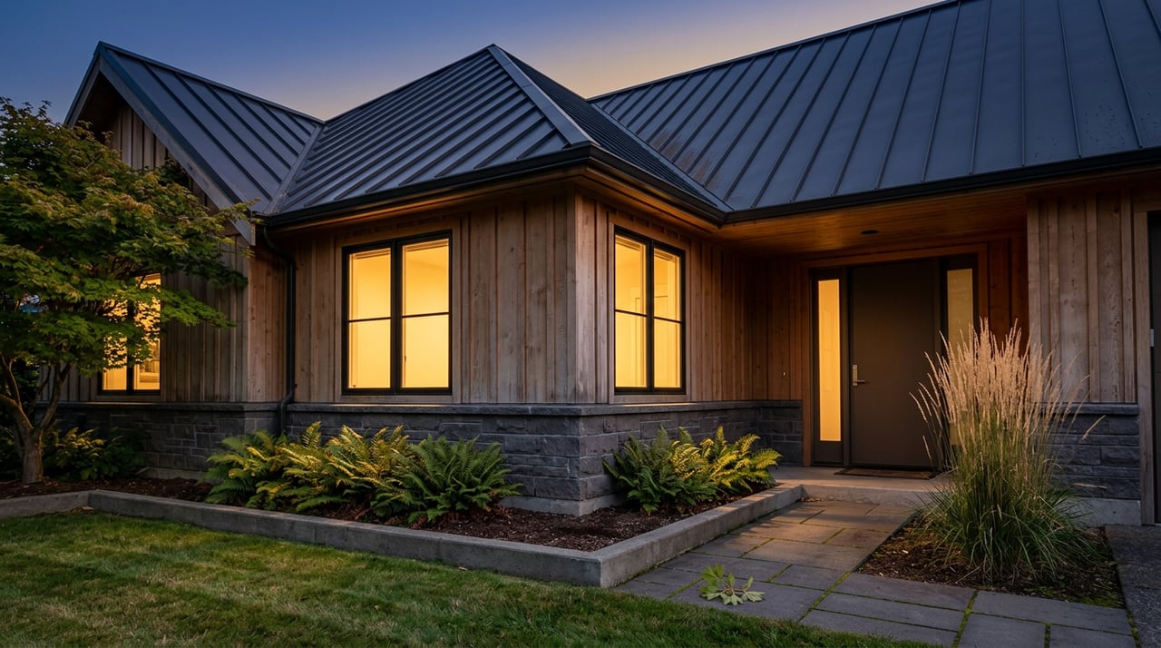 Cedar-sided house corner at dusk, with warm glowing windows, a dark gabled roof, and a raised planting bed.