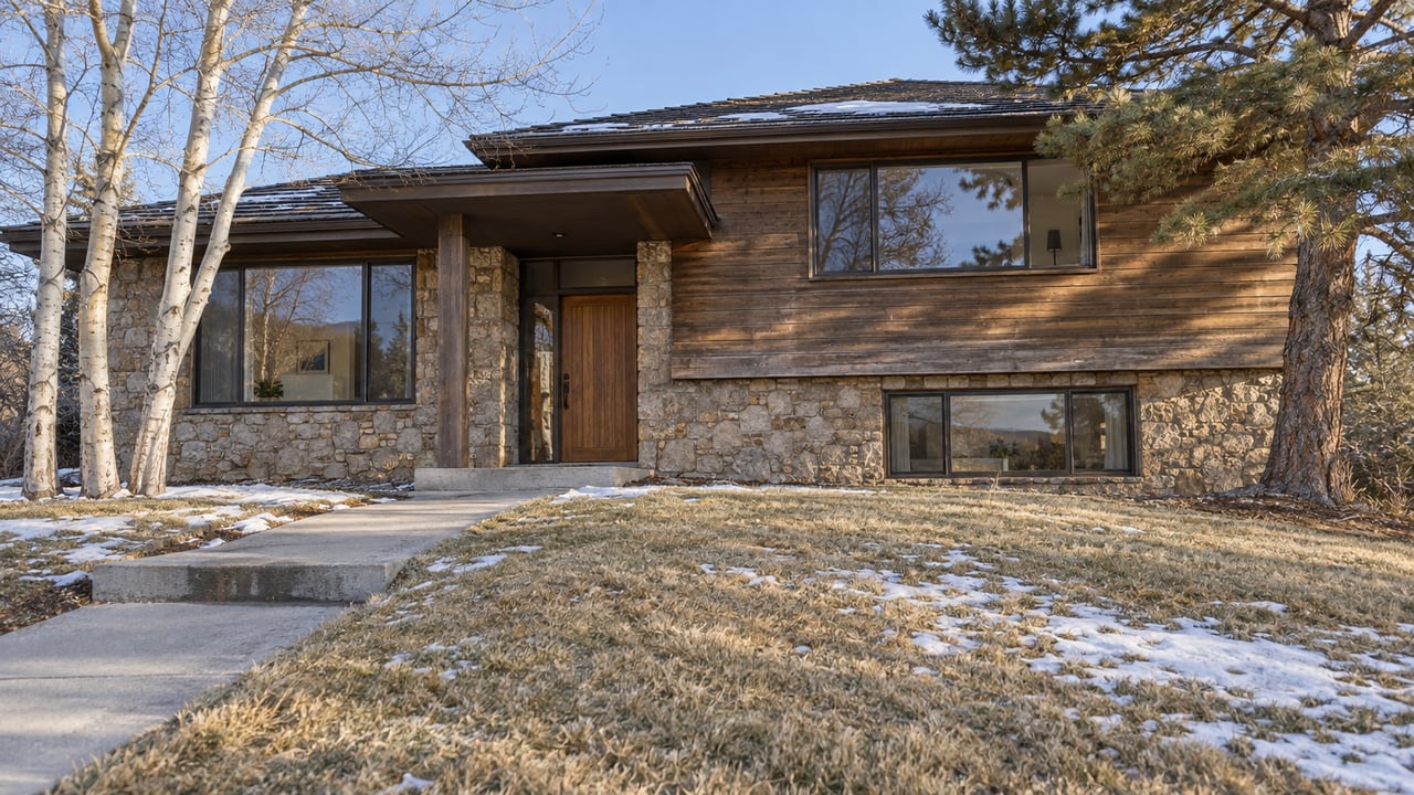 Cedar-and-stone split-level home behind a deep winter lawn, with patches of snow, a limber pine and bare aspens.