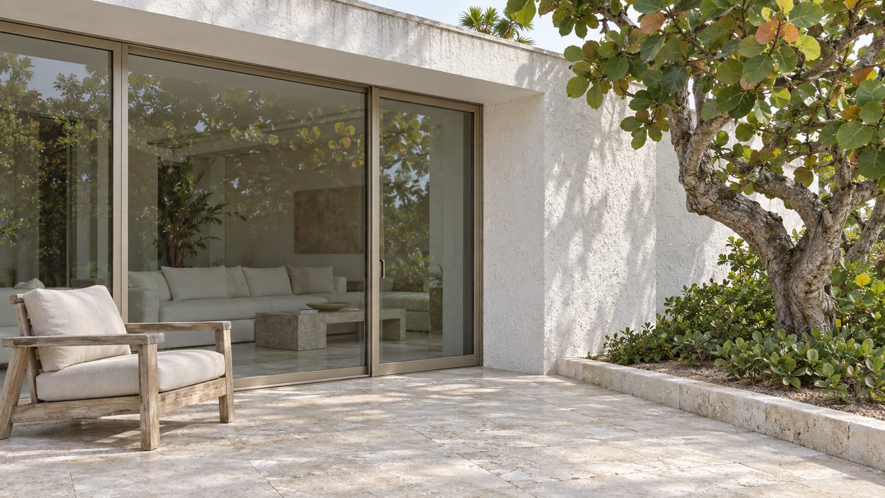 Close view of a white-stucco villa terrace with tall glass doors, limestone paving, a teak lounge chair and a mature sea grape tree.