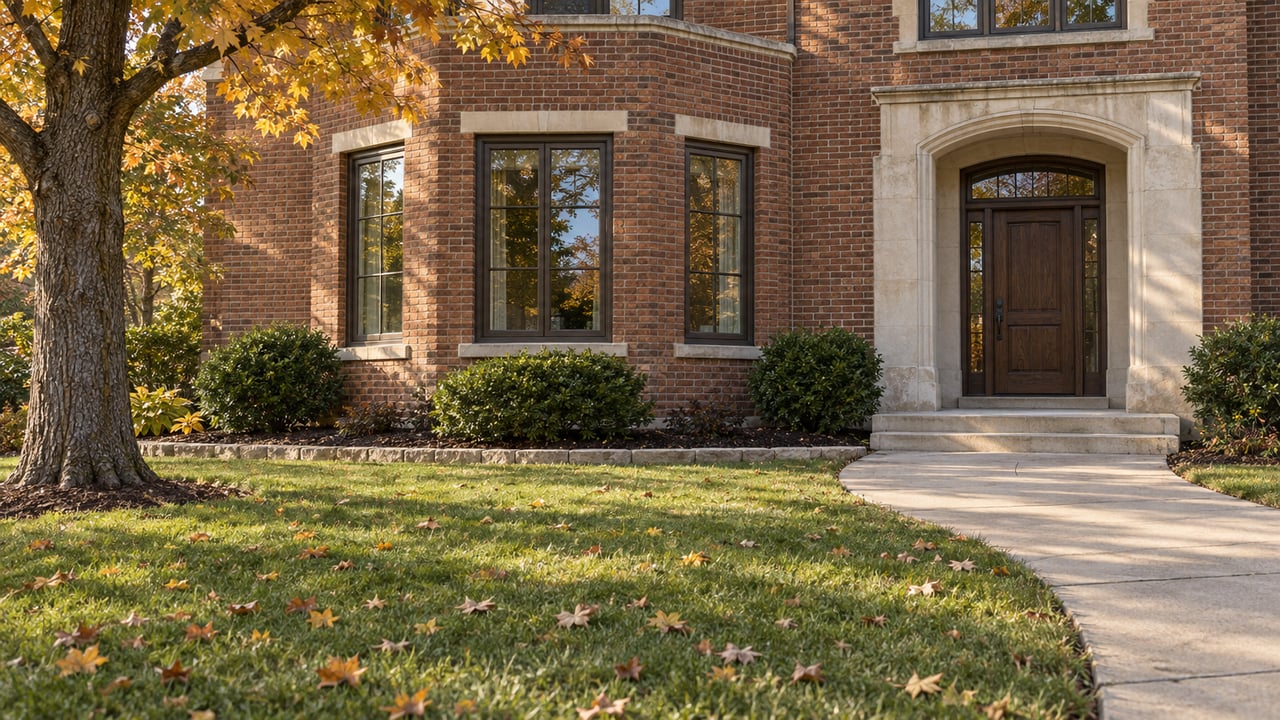 Late-fall lawn and amber sugar maple beside a brick home with limestone entry steps and a projecting window bay.