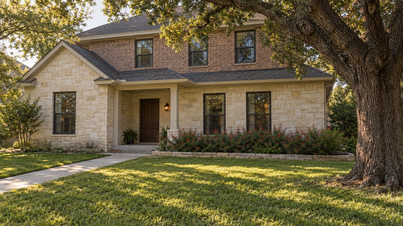 Two-story cream limestone and red-brown brick house behind a broad lawn, with a live oak shading the right side.