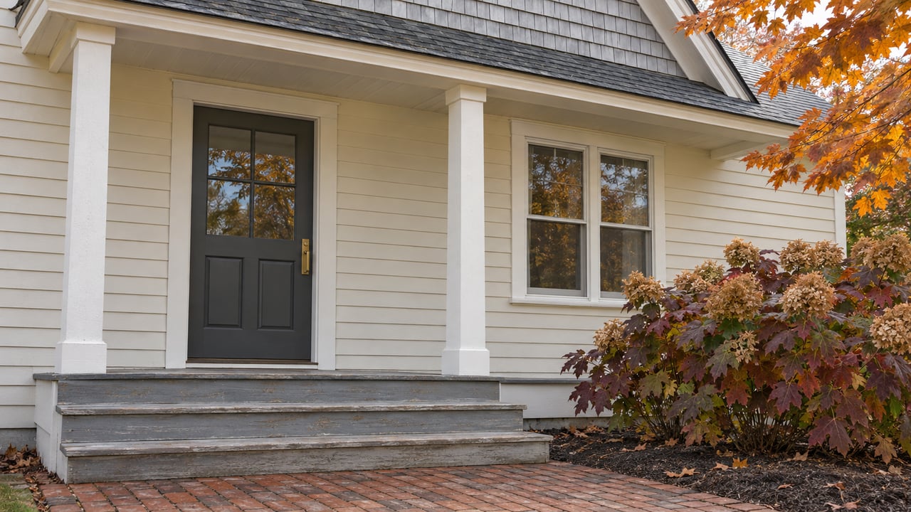 An ivory clapboard home with a charcoal front door, weathered porch steps, brick walk, and burgundy oakleaf hydrangea beneath autumn maple leaves.