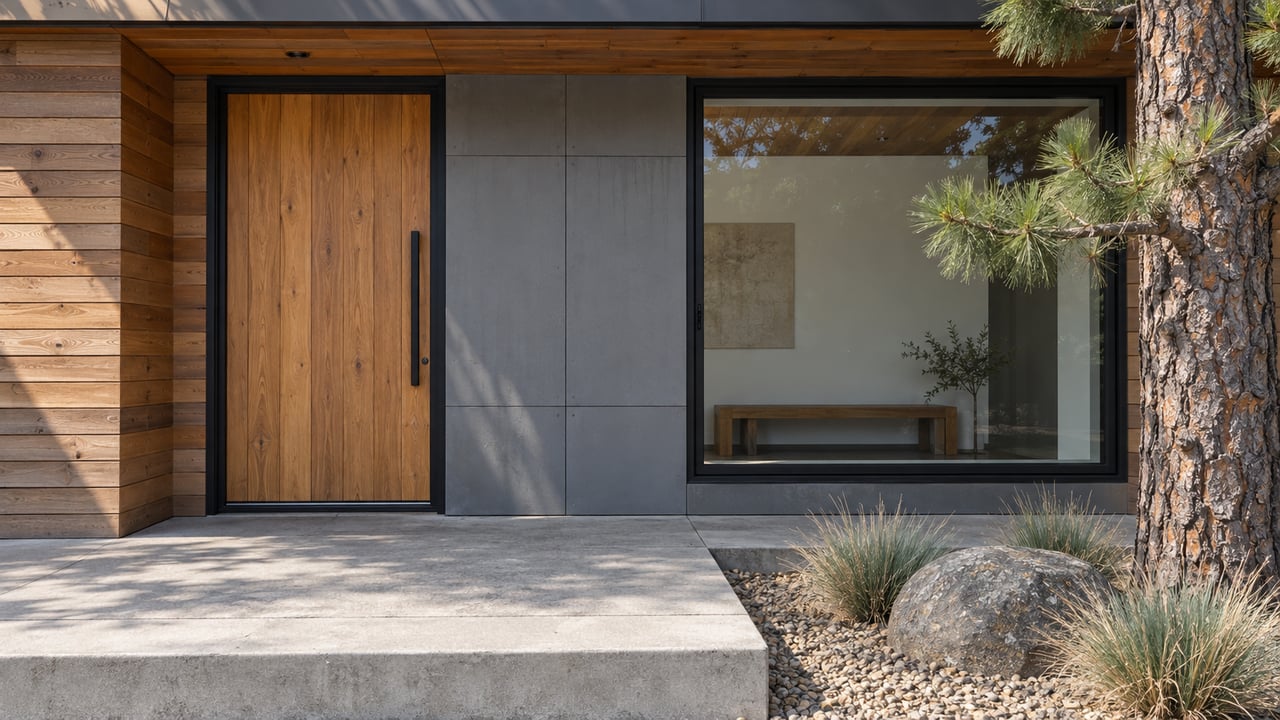 Modern home entrance with a large wood door, concrete facade, and pine-framed picture window.