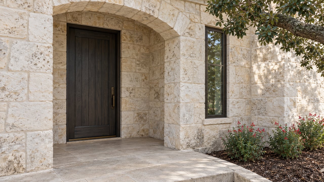 Stone home entrance with a dark wood front door and tiled porch.