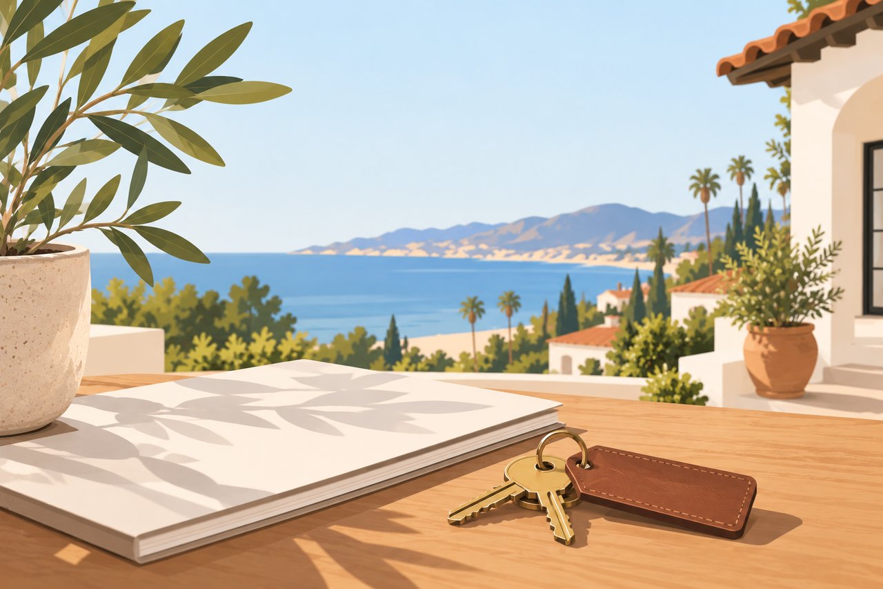 Terrace overlooking the ocean and coastal mountains, with house keys on a wooden table.