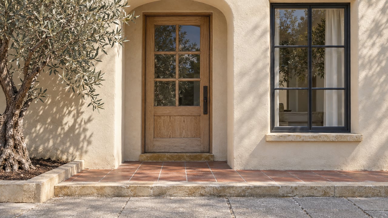 Arched stucco residential entry with a glazed oak door, terracotta landing, limestone edging and one olive tree beside the sidewalk.