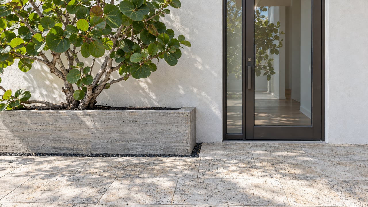 Coastal home entry with a bronze-framed glass door, limestone pavers, and a sea grape in a concrete planter.