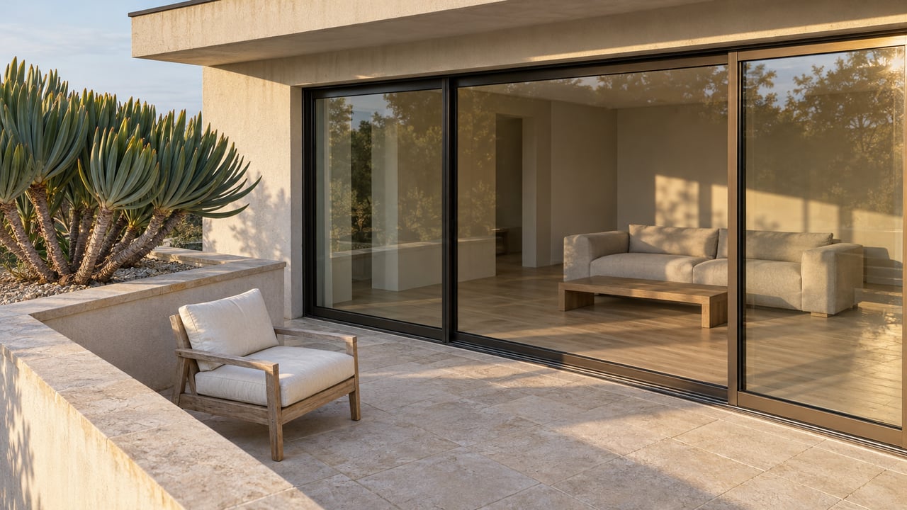 Late-afternoon light across a limestone terrace with a weathered teak chair, sculptural fan aloe and glass-enclosed living room.