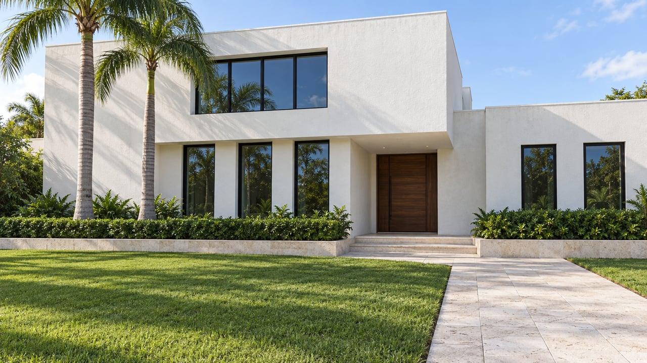 White two-story estate with black-framed windows, a limestone approach, royal palms, and a broad green front lawn.
