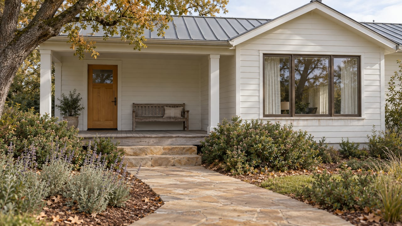 White wood-sided cottage with an oak entry door, weathered cedar porch and sandstone garden approach beneath a mature oak canopy.