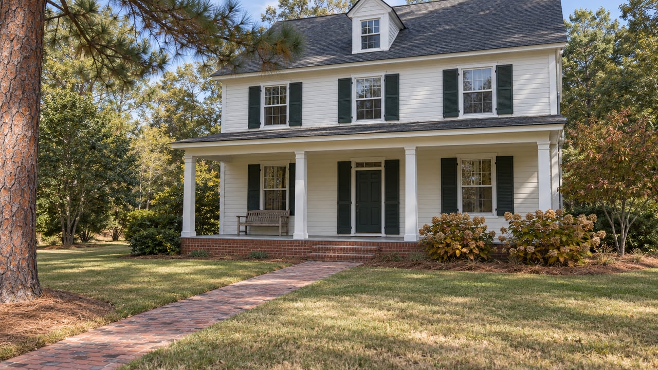 A white clapboard home with dark green shutters, a brick porch and walkway, and a deep lawn beside a mature longleaf pine.