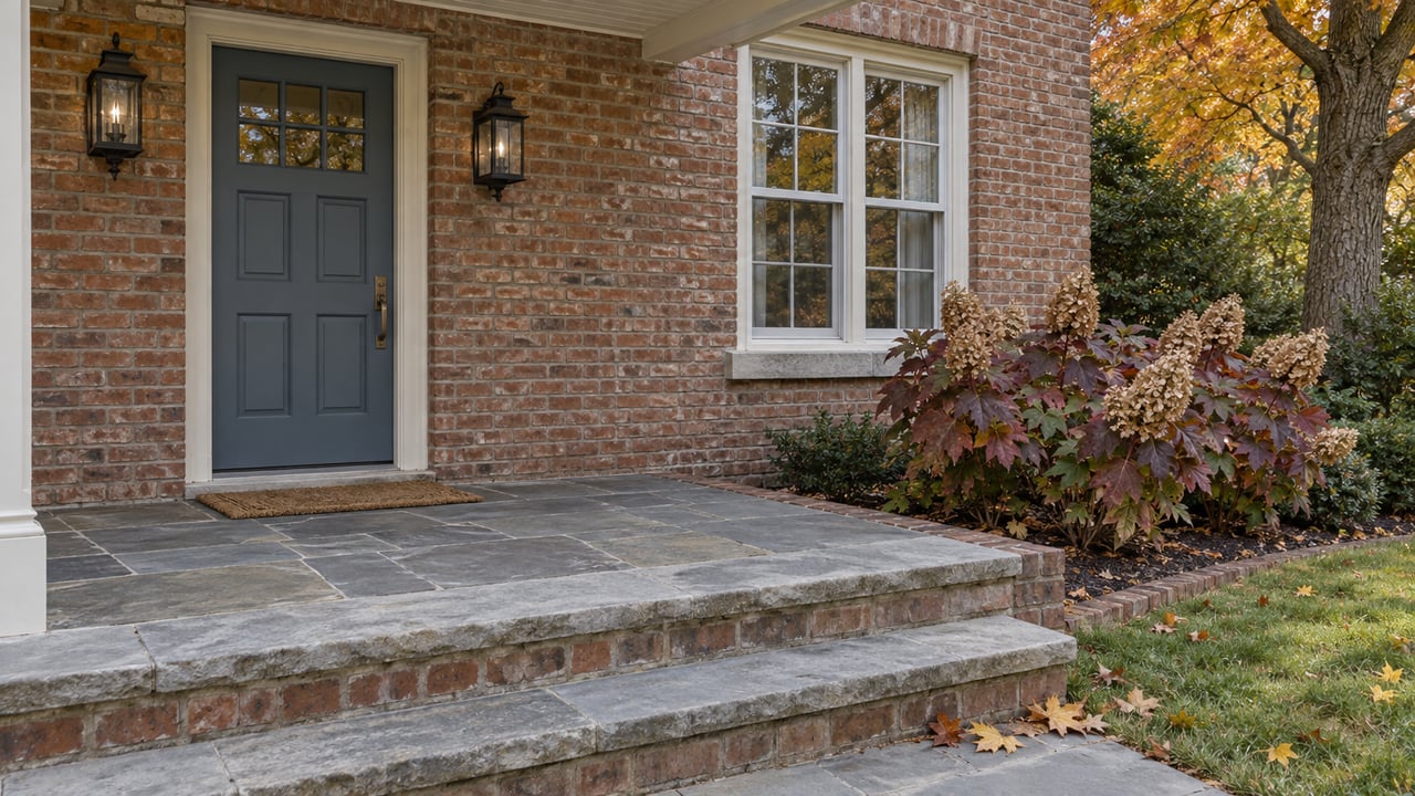 A blue-gray paneled front door and white sash window in an aged brick facade above a slate entry terrace, with amber maple leaves and oakleaf hydrangeas beside the steps.