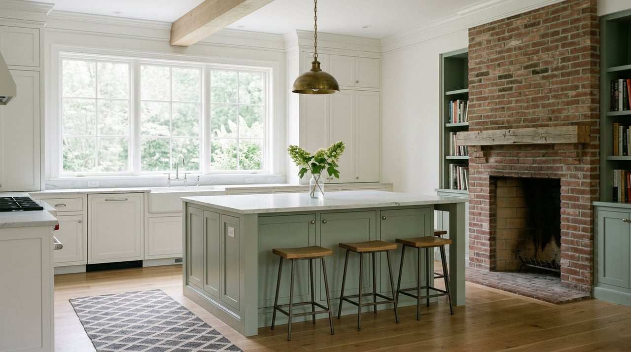 Sage-green kitchen island with four stools, framed by a farmhouse sink, brick fireplace, and built-in bookshelves.