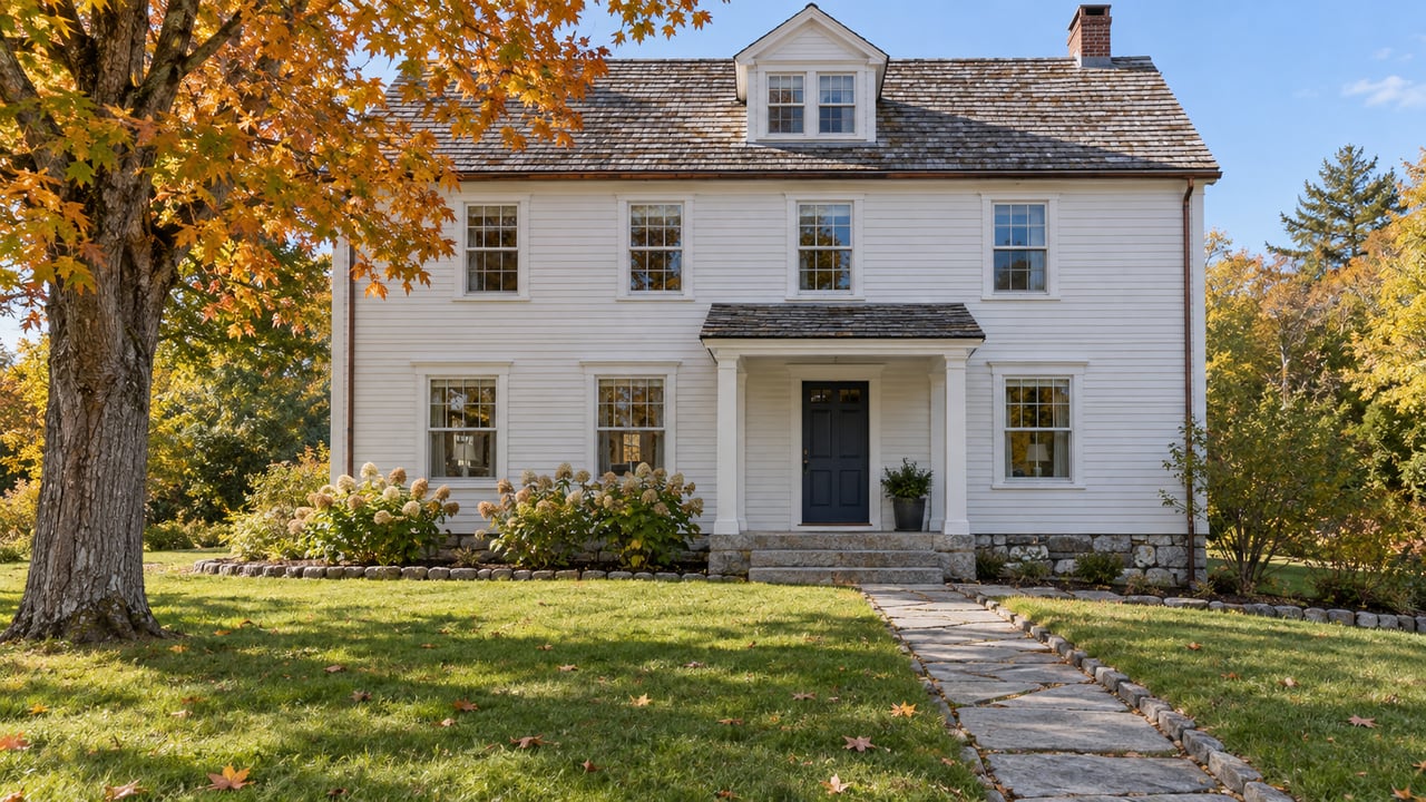 White clapboard house with a cedar-shingle roof, granite entry steps and an amber sugar maple beside a broad autumn lawn.