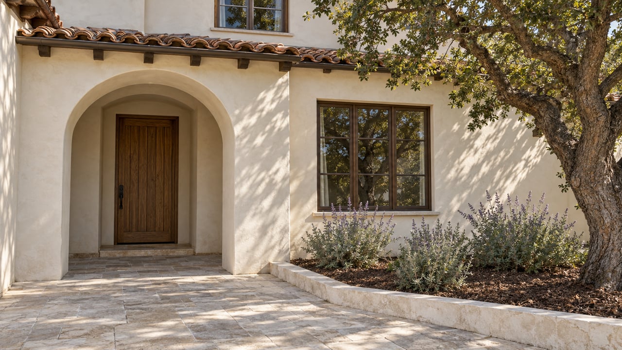 Cream-stucco home with an arched oak entry, clay-tile eaves, limestone approach, and an oak tree beside a raised planting bed.