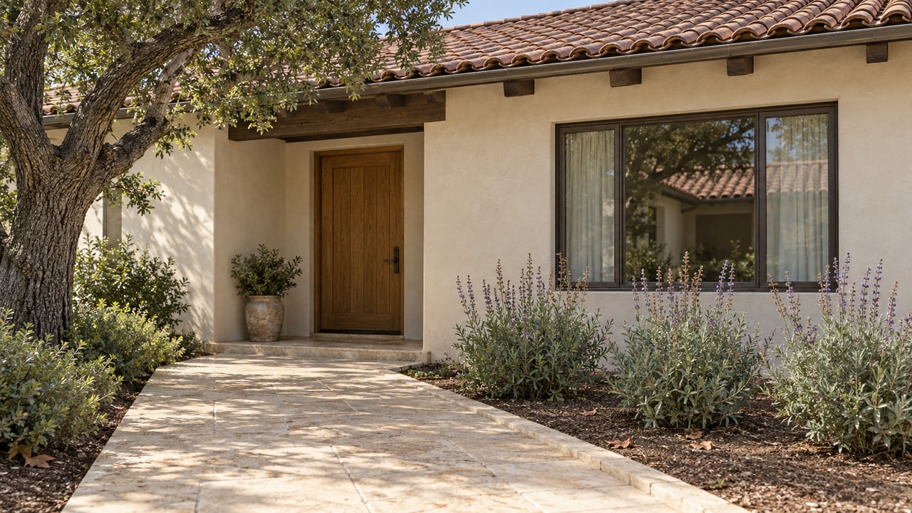 Cream stucco home with a clay tile roof, recessed oak entrance and limestone approach beside a mature oak and flowering sage.