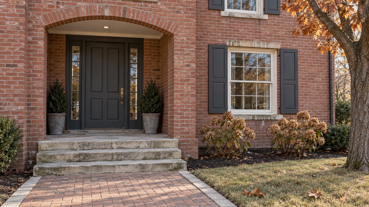 Red-brick home with an arched sheltered entry, charcoal door, limestone steps, and late-autumn planting.