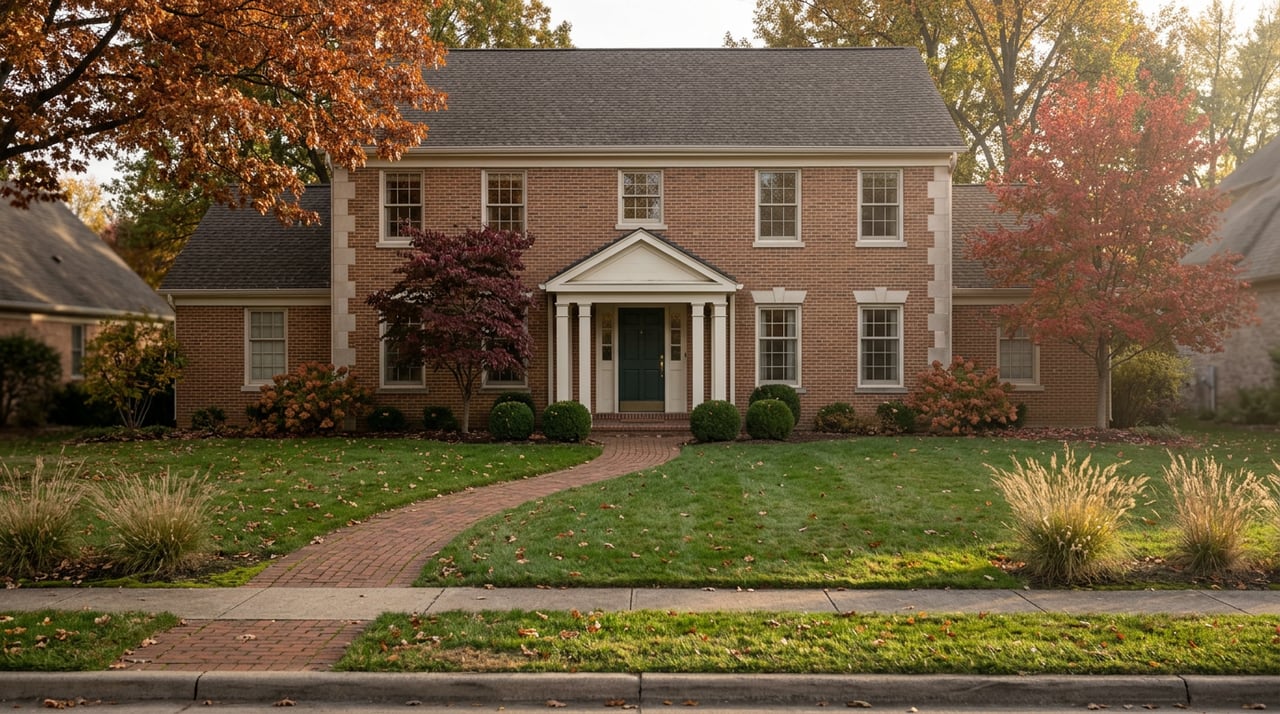 Two-story brick manor with limestone corner blocks, a green portico door, broad lawn, and russet and scarlet fall trees.