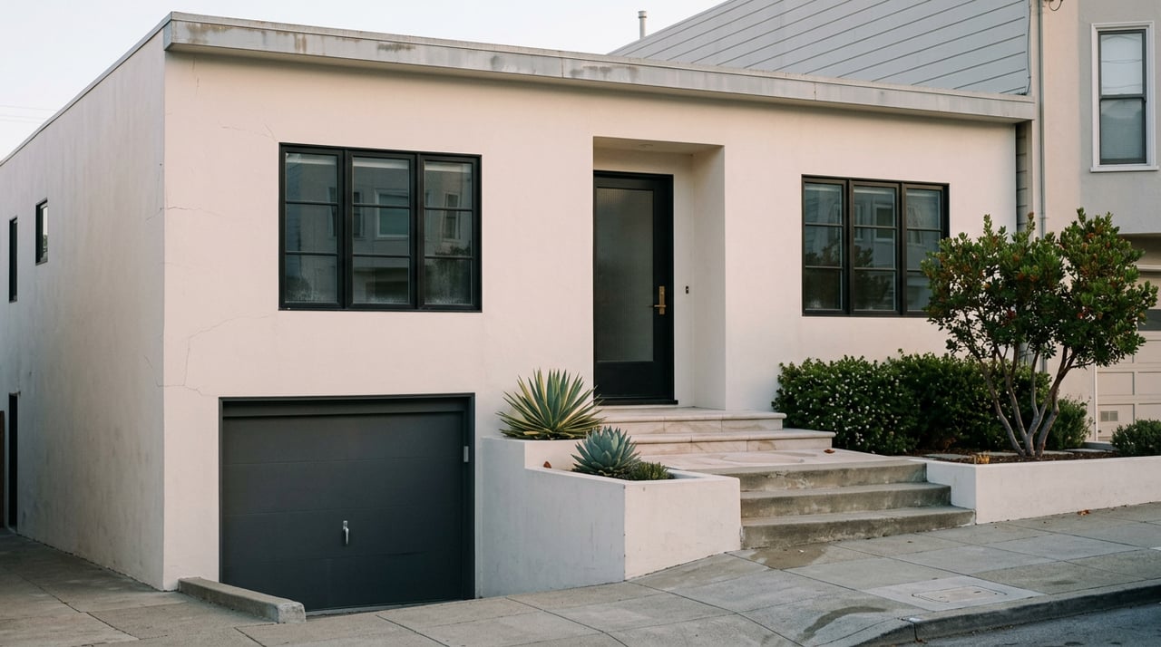 Narrow-lot stucco house with charcoal garage, raised entry, black-framed windows, and coastal plants in warm evening light.
