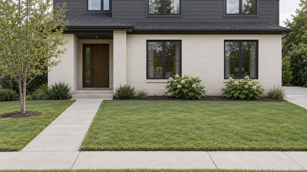 Two-story suburban home with off-white brick, charcoal siding, oak entry door, broad lawn, and young trees.