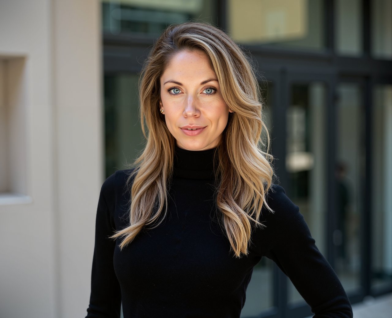Sarah Sykes in a black turtleneck outside a glass-fronted building.