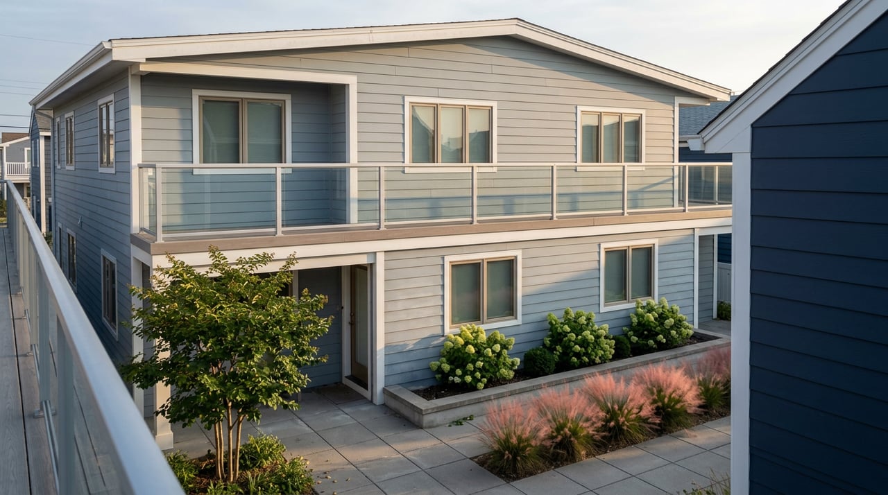 Two-story gray-blue beachfront condominium with a glass balcony, paved courtyard, and flowering shrubs.