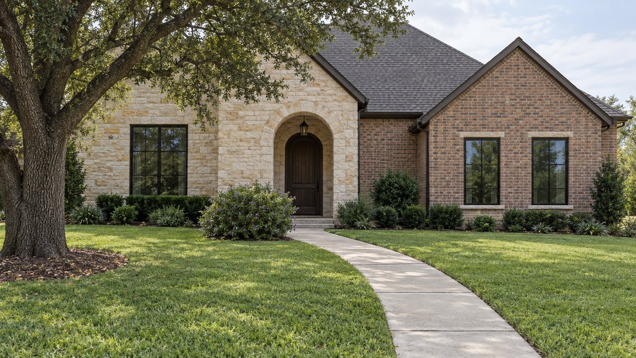 Set-back house with an arched limestone entry, red-brown brick wing, broad lawn, and mature tree.