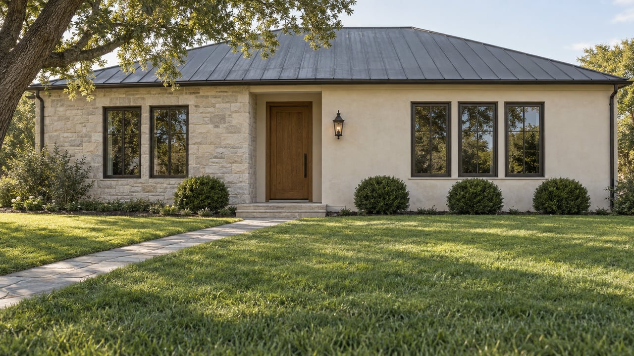 norwood-nj luxury single-family home exterior with natural stone accent, dark roof, and lush front landscaping